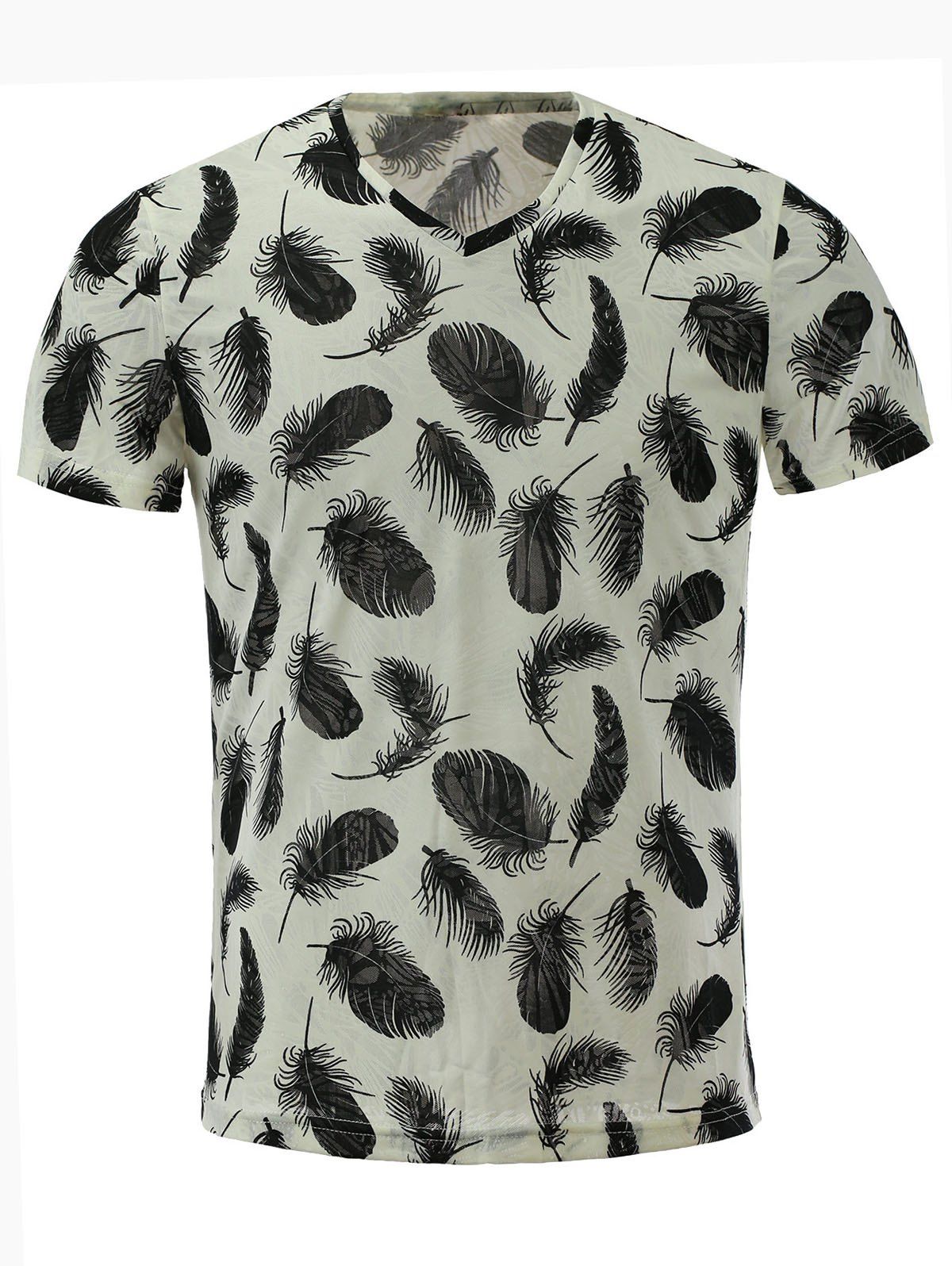 

Men's Stylish Short Sleeves V-Neck Feather Printed T-Shirt, Colormix
