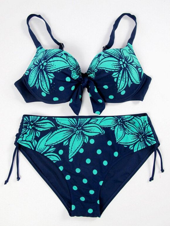 Chic Spaghetti Strap Floral Print Polka Dot femmes s 'Bikini Set - Bleu et Vert L
