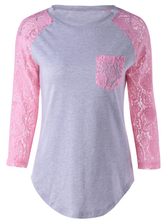 T-Shirt avec Manche et Poche Simple en Dentelle - Rose / Gris XL