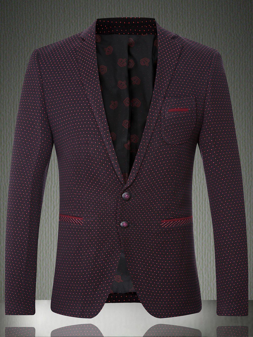

Lapel Long Sleeve Polka Dot Single Breasted Men's Blazer, Dark red