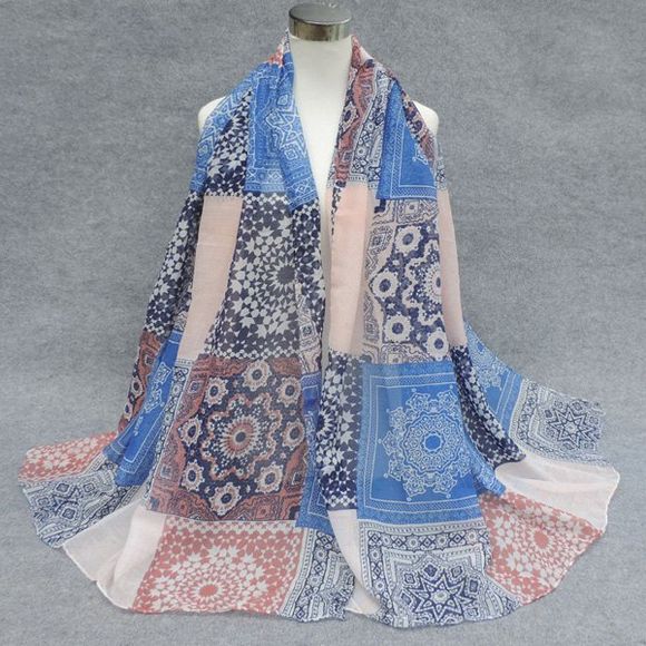Stylish Ethnic Style Snowflake Tracery Patchwork Pattern Women's Voile Scarf - Bleu 