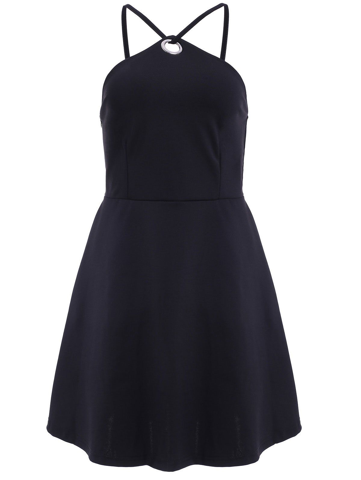 

Stylish Women's Solid Color Spaghetti Strap Round Button Mini Dress, Black