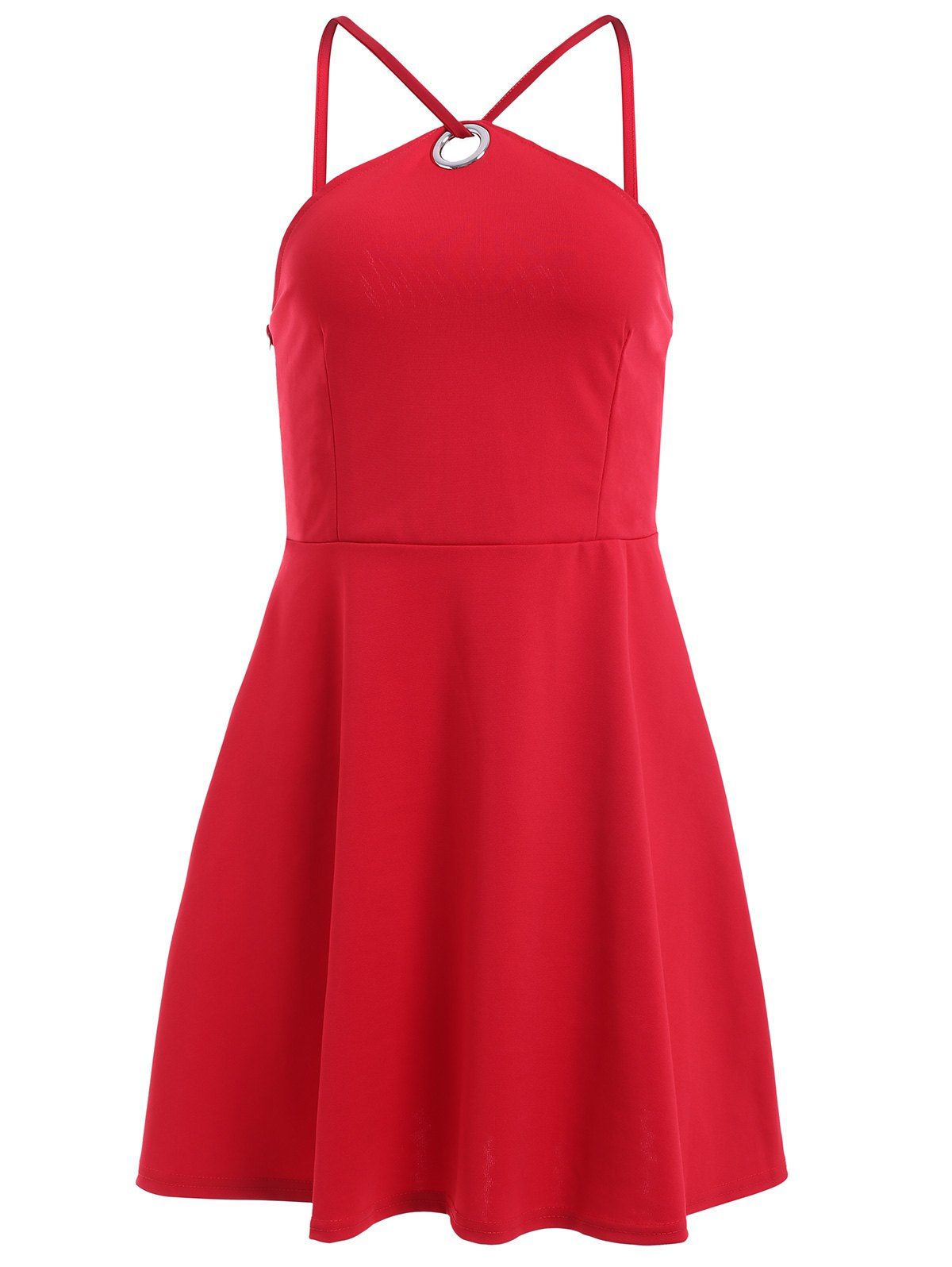 

Stylish Women's Solid Color Spaghetti Strap Round Button Mini Dress, Red