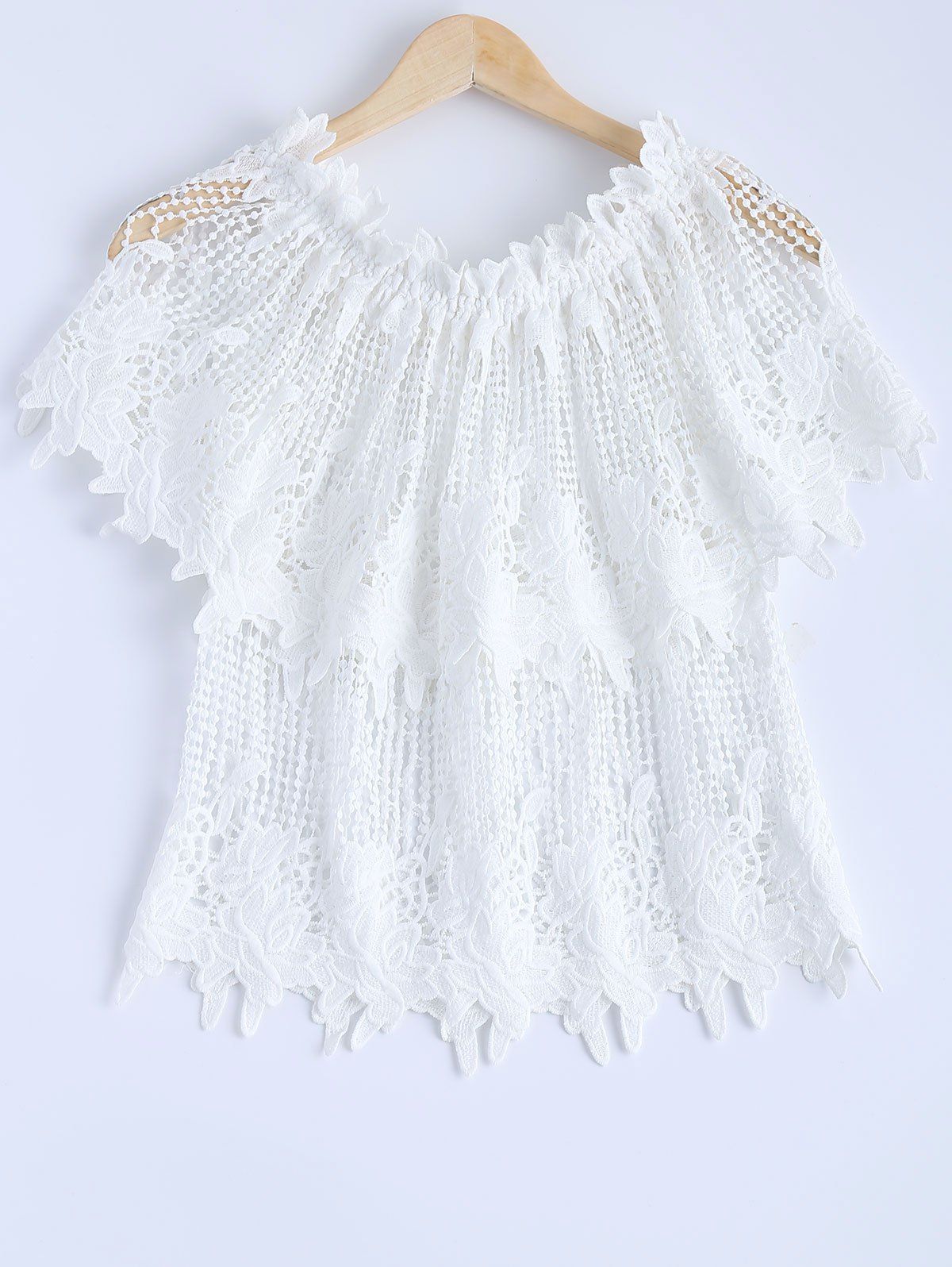 

Elegant Women's Solid Color Crochet Short Sleeves Blouse, White