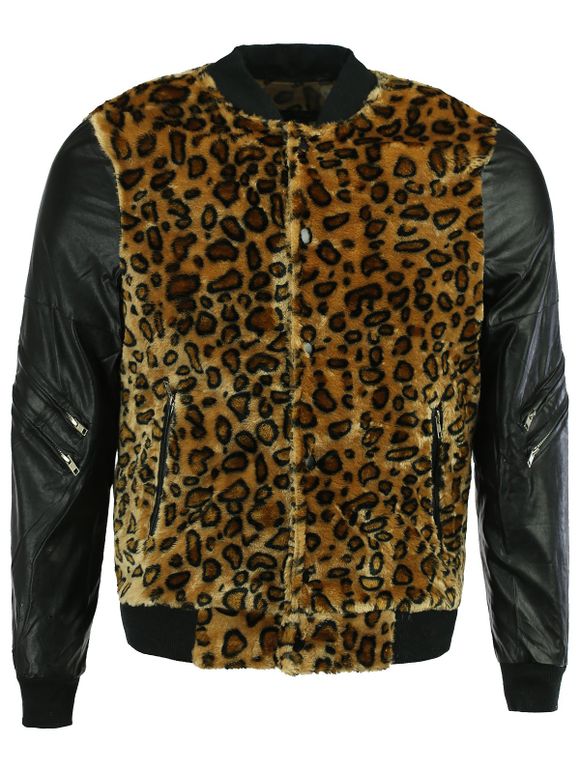 Leopard Splicing PU-cuir pied de col de manches longues hommes  Jacket - multicolore L