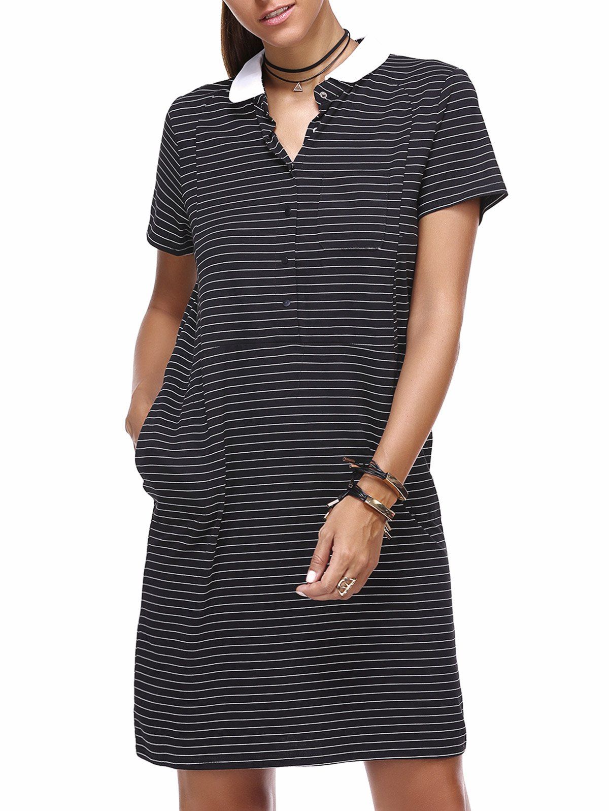 

Trendy Women's Shirt Collar Striped Short Sleeves Mini Dress, Stripe