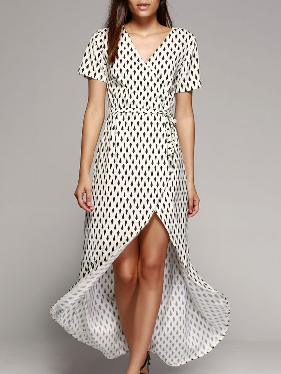 Fashionable Crossover Tulip Hem Printed Tied Dress For Women - Blanc et Noir M