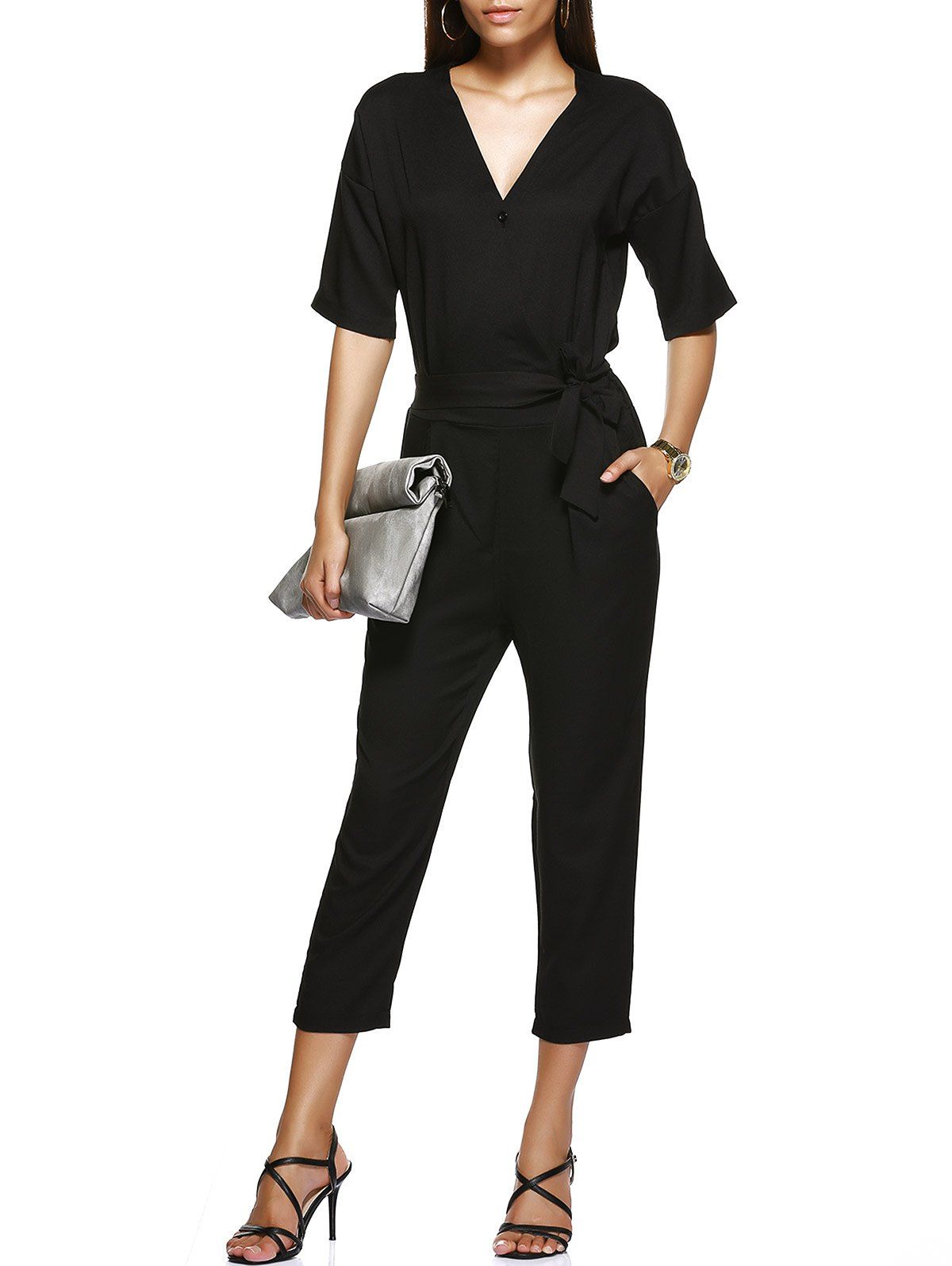 [17% OFF] 2021 High-Waist Tie Belt One Button Lady's Jumpsuit In BLACK ...