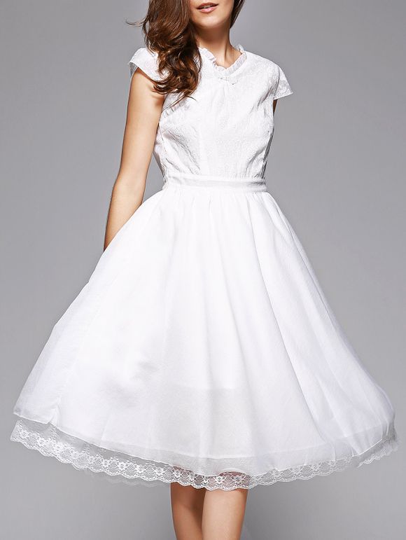 Trendy Lace Spliced V-Neck White Midi Dress For Women - Blanc XL