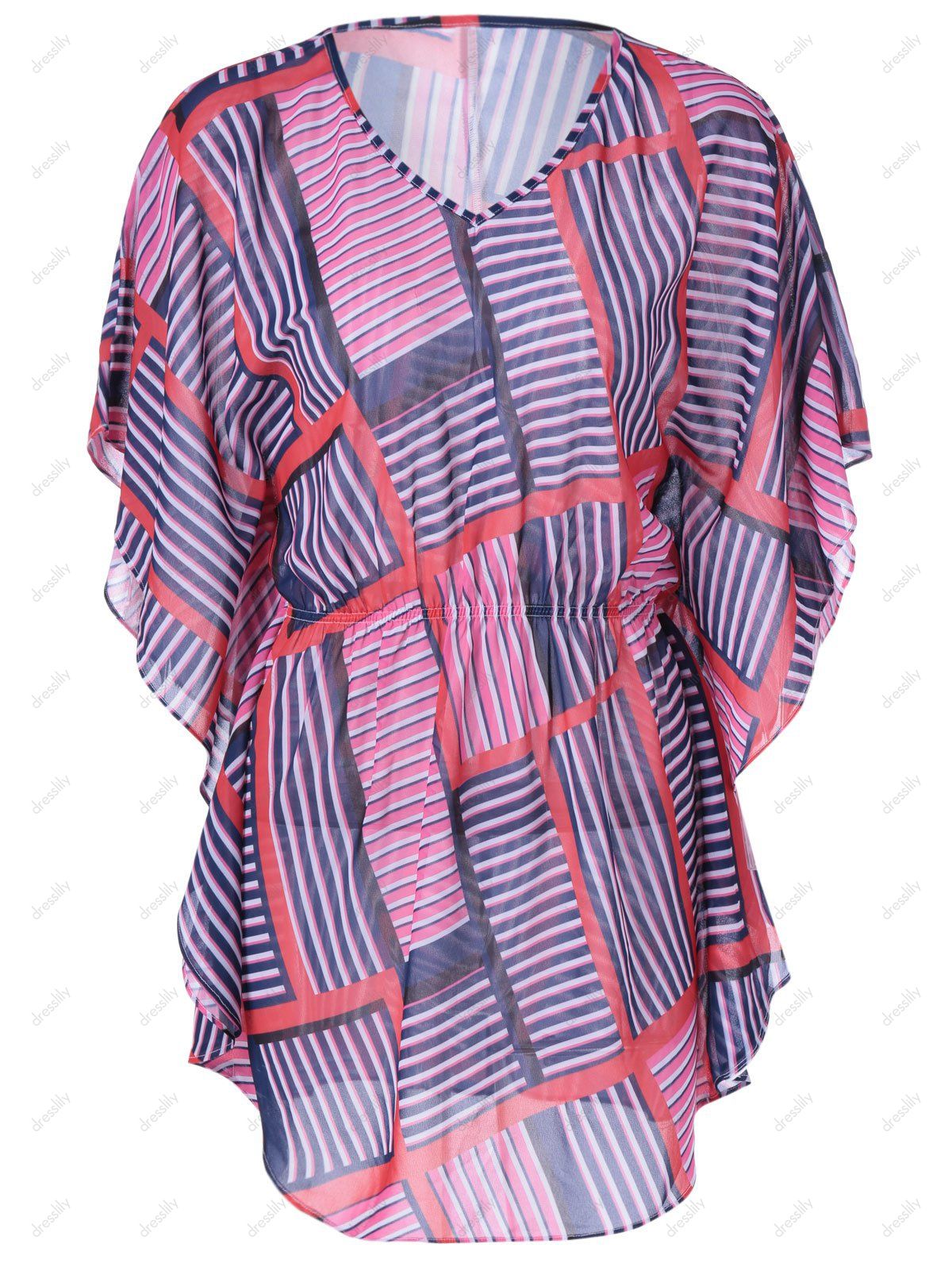 

Fashionable Women's Slimming V-Neck Geometric Print Dress, Blue and pink