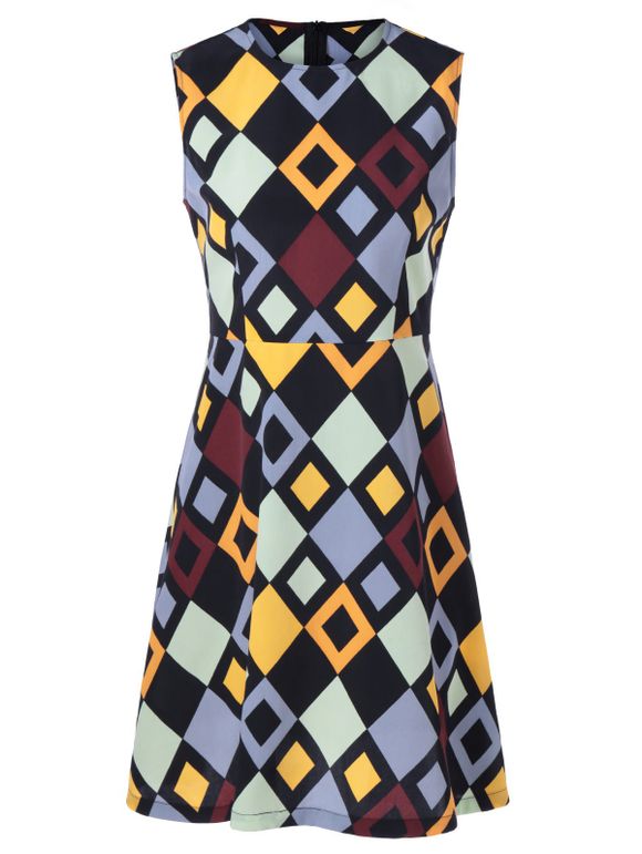 Fashionable Women's Fitted Round Neck Checkered Print Dress - multicolore XL