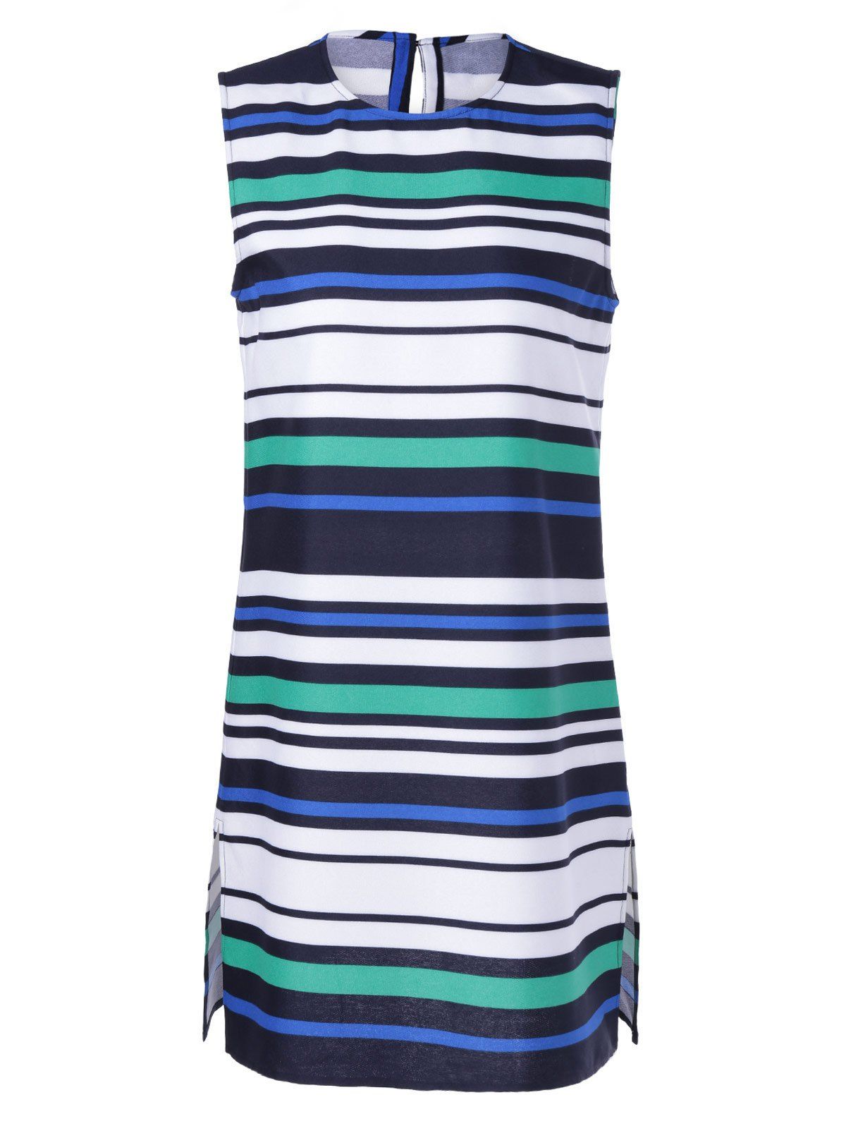 

Fashionable Women's Fitted Round Neck Stripe Print Dress, White + blue + green