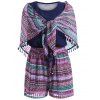Stylish Women's Print Fringe Shawl Scoop Neck Sleeveless Top and Tie Print Shorts Set - Bleu Violet L
