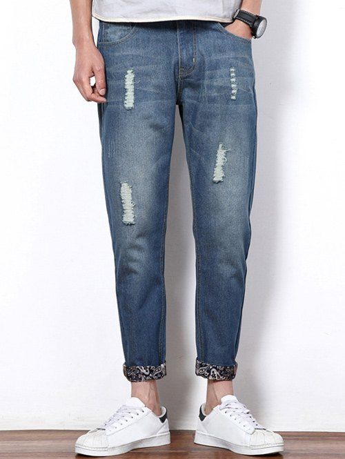 

Men's Hole Design Narrow Feet Jeans, Blue