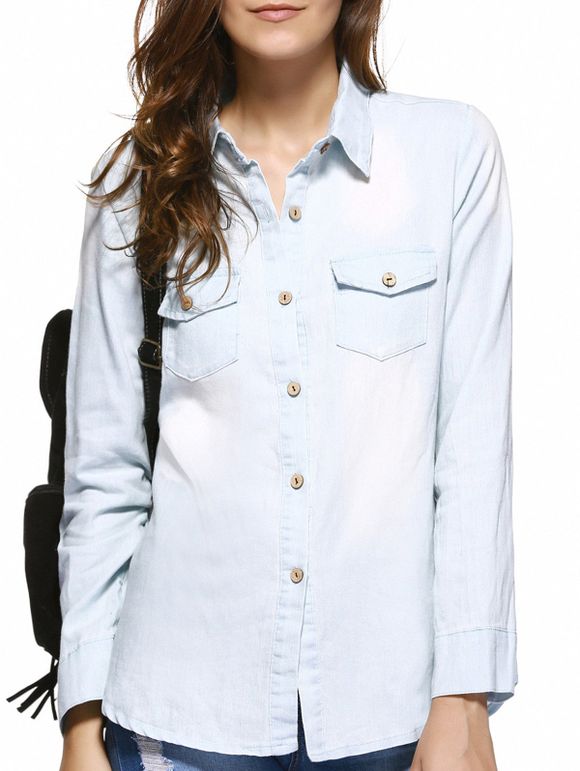 Poches Buckled Frayed Denim Shirt - Bleu clair XL