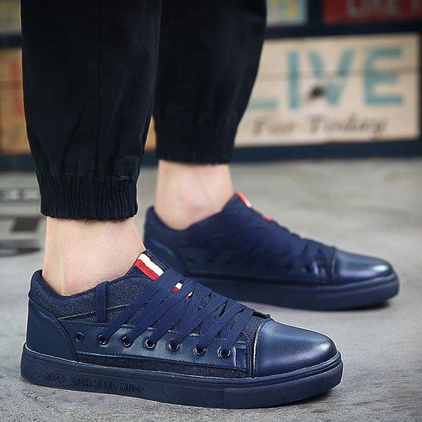 

Stylish Tie Up and Stripes Design Men's Canvas Shoes, Deep blue