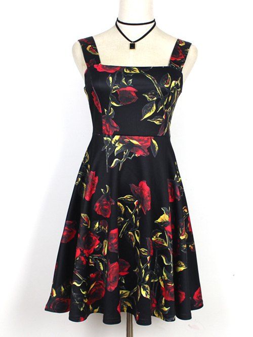Sweet Women's Strappy Floral Print High Waist Dress - Noir S
