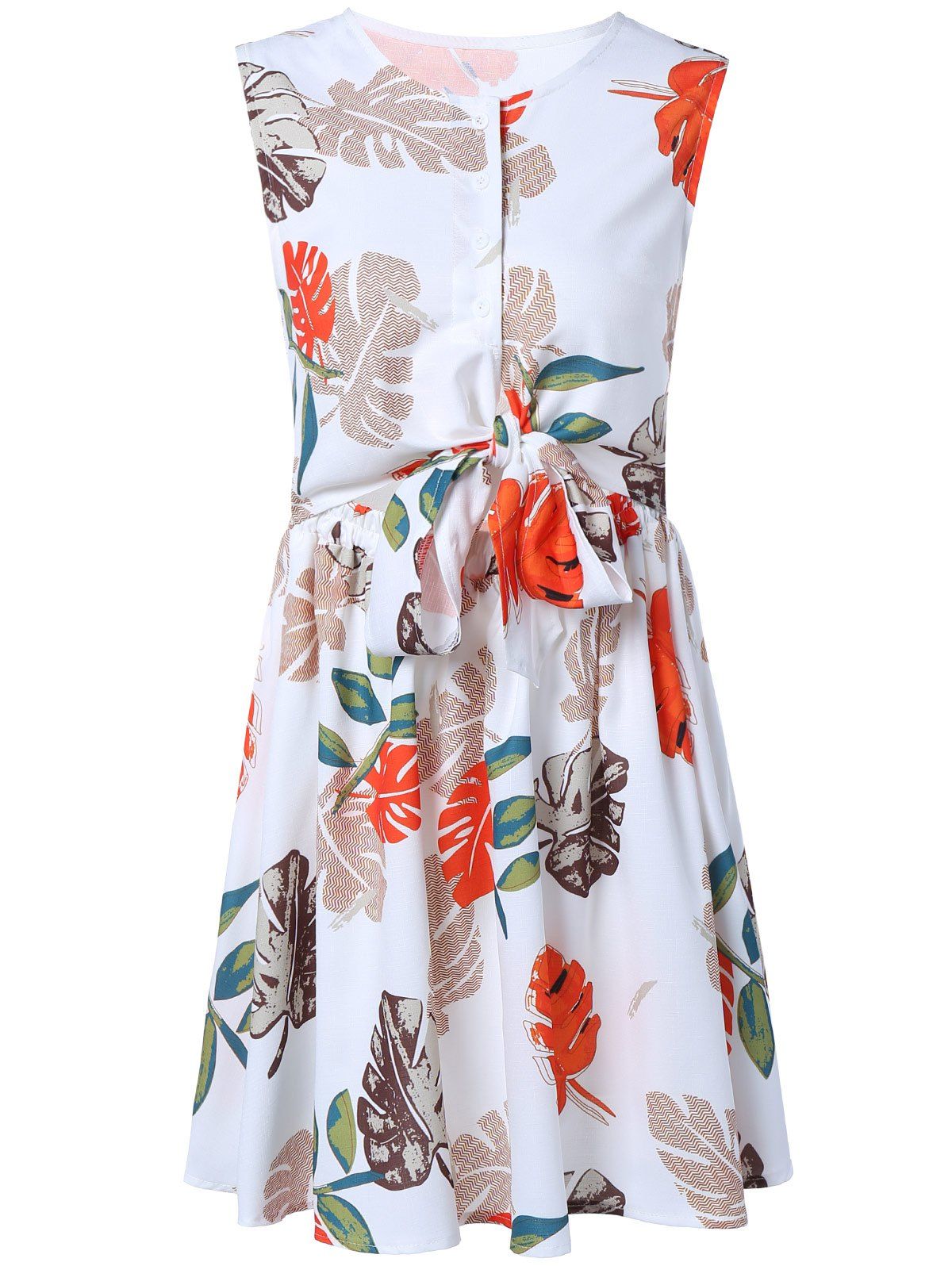 

Stunning Sleeveless Leaf Print Bowknot Waist Dress For Women, White