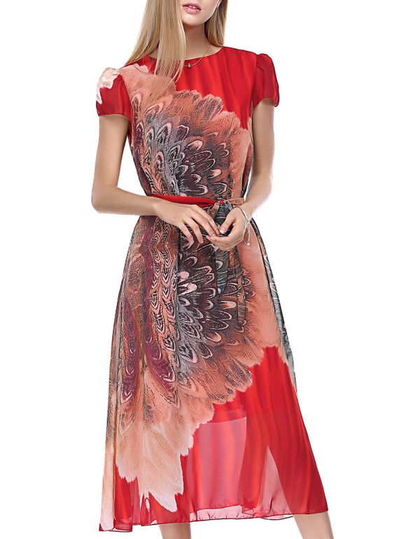 Motif floral Bohemian Cap femme manches de robe en mousseline de soie - Rouge ONE SIZE(FIT SIZE XS TO M)