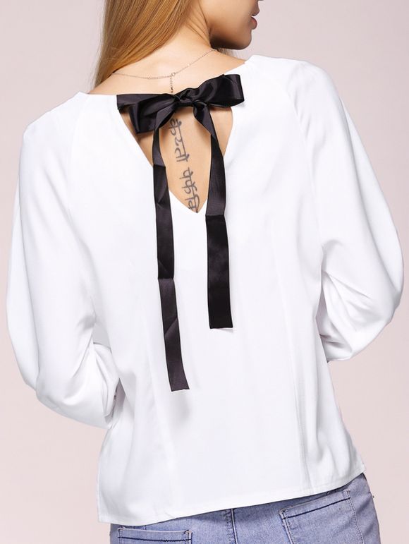 Bowknot Embellished à manches longues en mousseline de soie Blouse - Blanc S