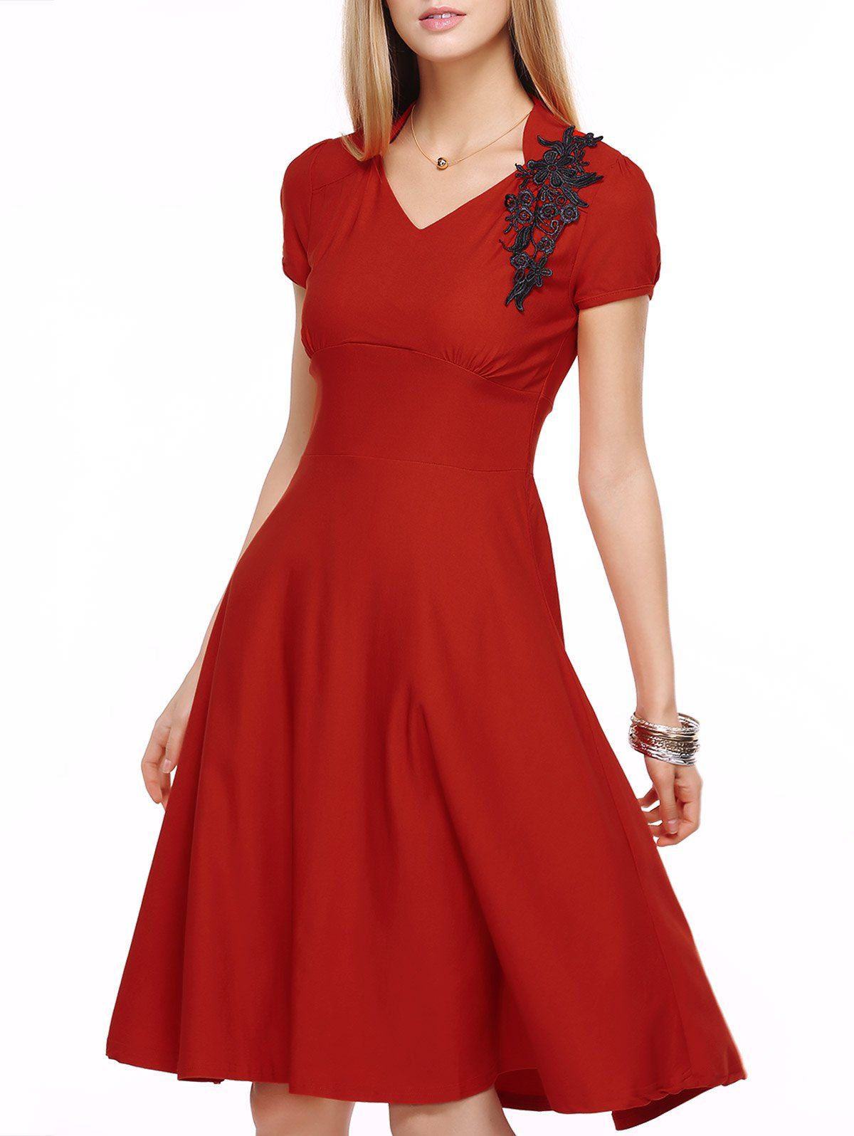 

Vintage Swing High-Waist Embroidery Zippered Dress, Red