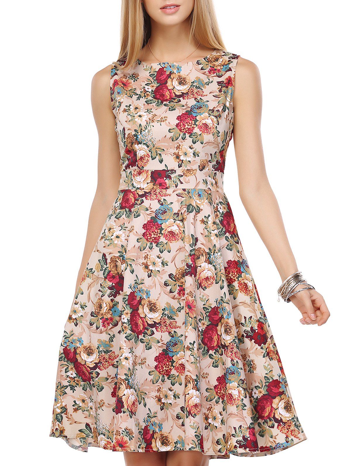 

Retro Style Floral Print Back Lace-Up Dress, Apricot