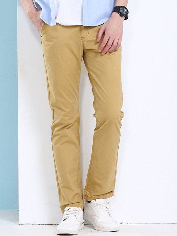 

Simple Straight Leg Solid Color Slimming Men's Zipper Fly Pants, Khaki