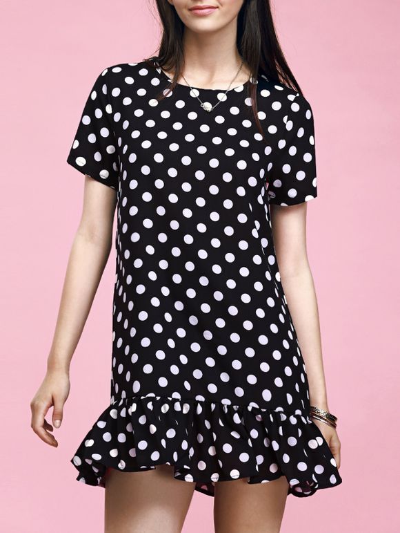 OL Style Polka Dot Flounce Black Dress - Noir 3XL