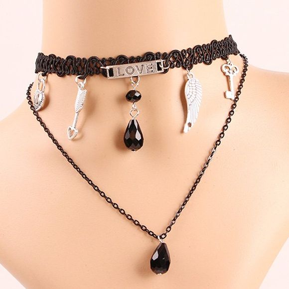 Chic Style Lace and Artificial Crystal Heart Necklace For Women - Noir 