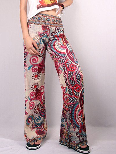 Pantalon à Jambe Large Imprimé Floral Ethnique En Couleur Contrasté - multicolore XL