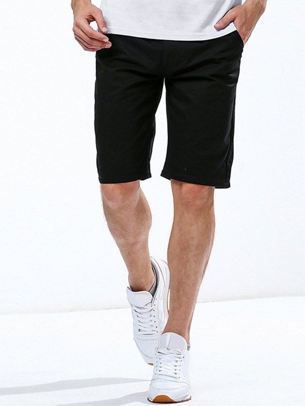 

Casual Solid Color Button Embellished Men's Straight Leg Zipper Fly Shorts, Black