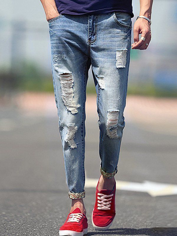 

Men's Hole Design Narrow Feet Cropped Jeans, Blue
