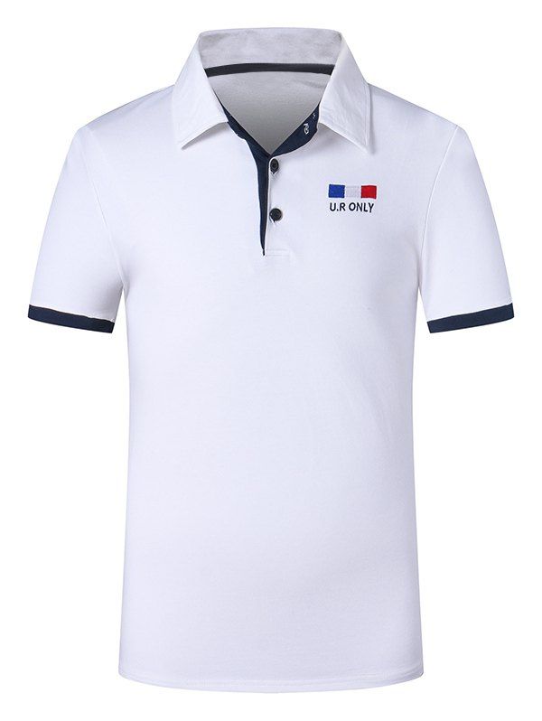 

Trendy Turn-down Collar Purfled Design Fitted Men's Short Sleeves T Shirt, White