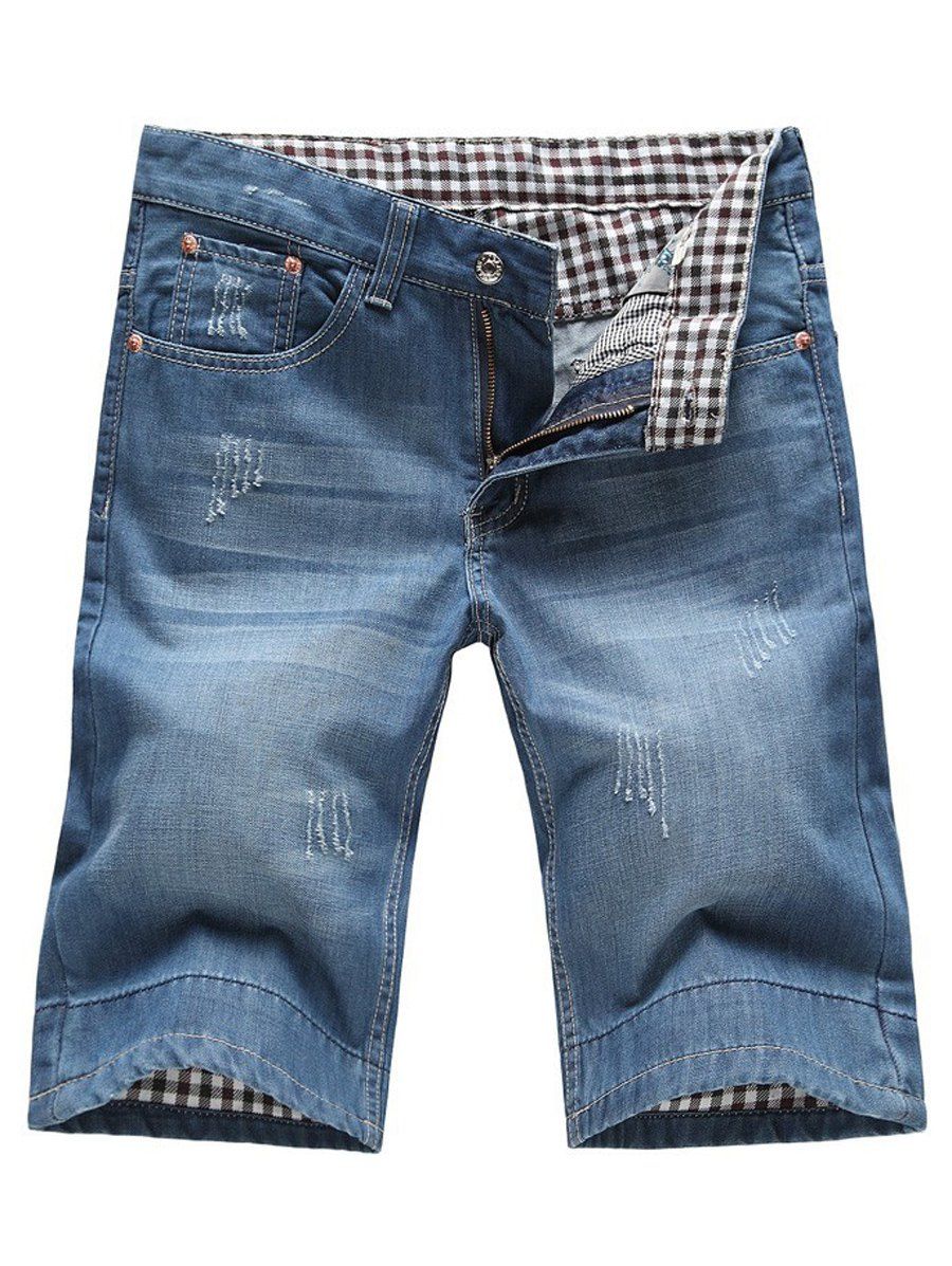 

Plaid Crimping Plus Size Cat's Whisker Zipper Fly Straight Leg Men's Denim Shorts, Blue