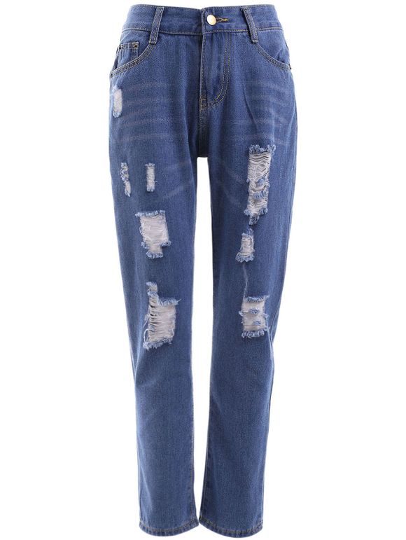 Taille haute Ripped Raw Hem Jeans - Bleu Toile de Jean 27