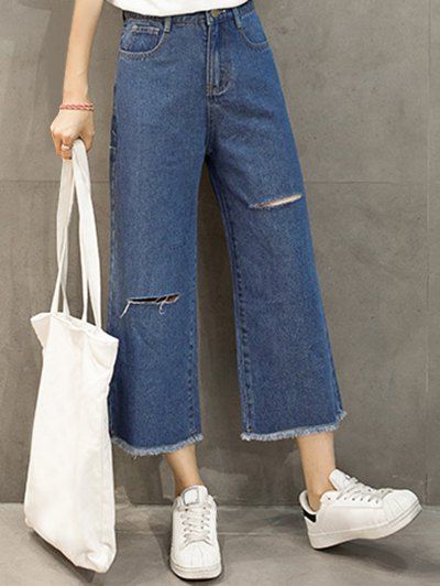 

Frayed Wide Leg Ankle Scrub Jeans, Deep blue
