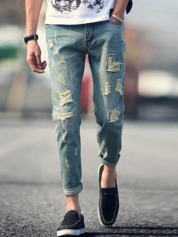 

Men's Trendy Narrow Feet Hole Design Cropped Jeans, Blue