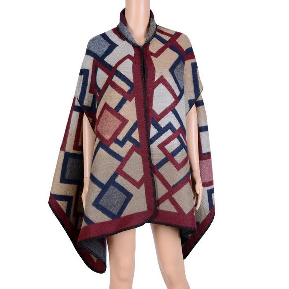Stylish Square Photo Frame Pattern Oversized Shawl Wrap Blanket Women's Poncho Cape - Rouge vineux ONE SIZE(FIT SIZE L TO 3XL)