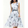 Robe Femme Ceinturée Florale à Col Rond sans Manches - Blanc L