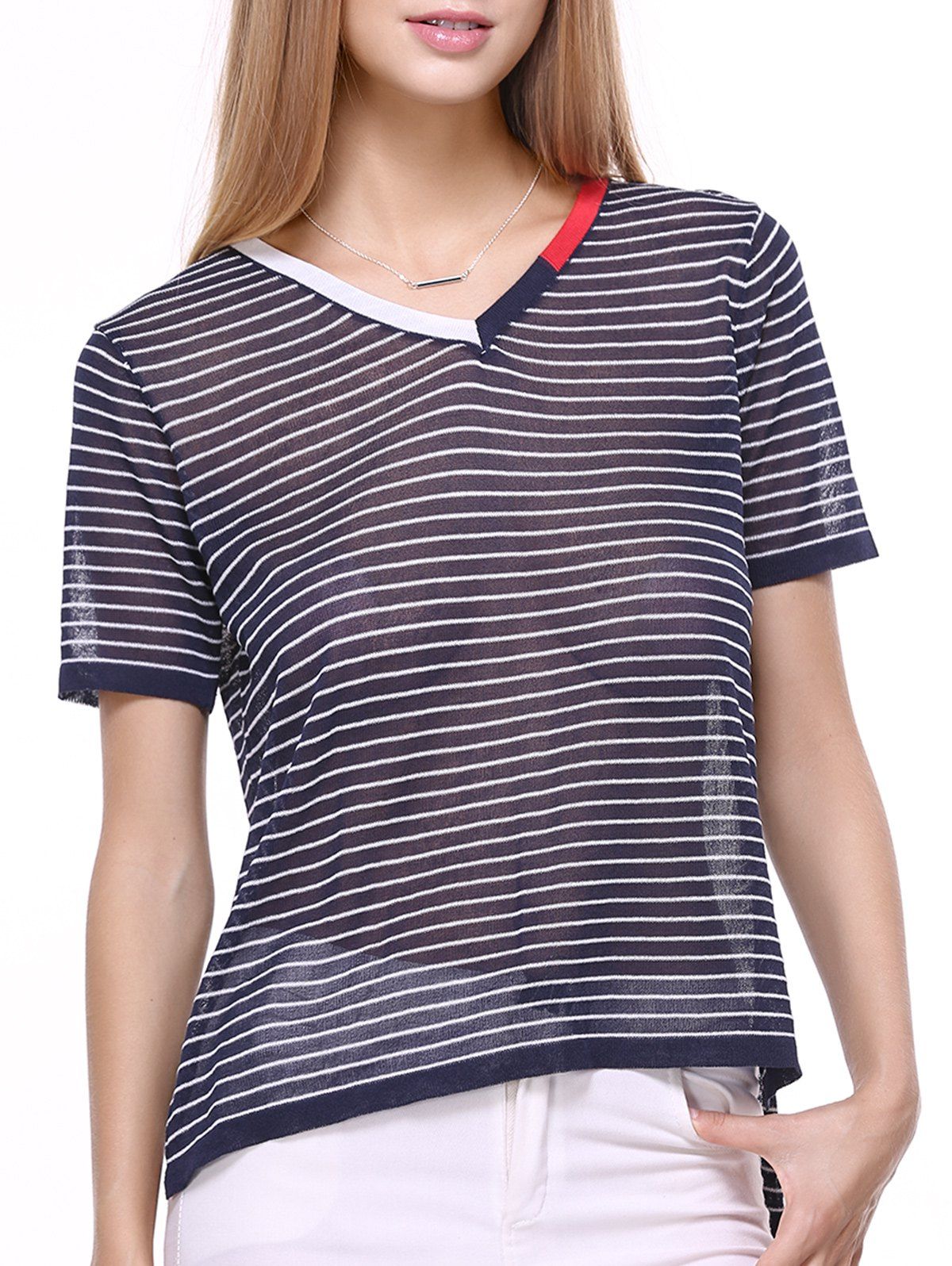 

Trendy V Neck High Low Striped Knitwear, Deep blue