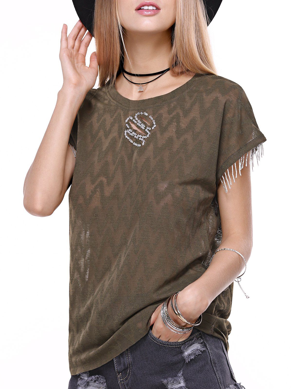 

Short Sleeve Zigzig Rhinestone Embellish Knitwear, Army green