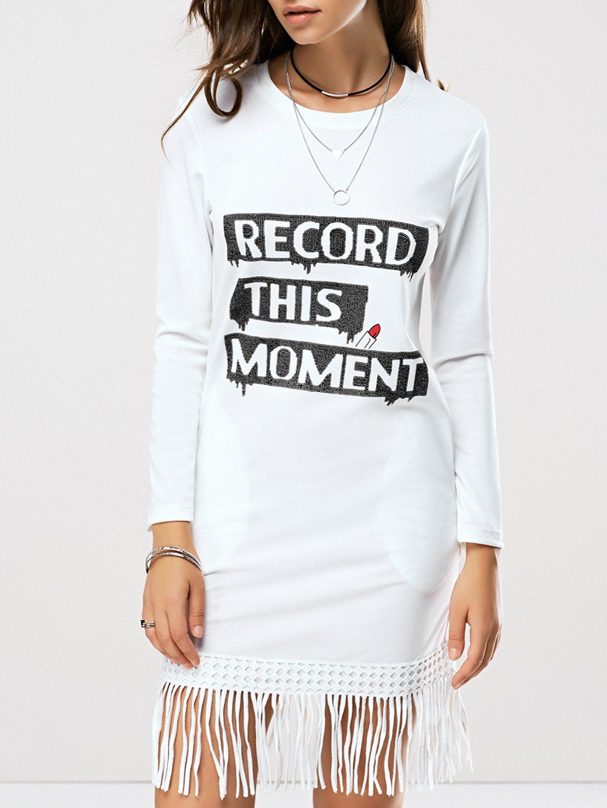 

Letter Print Fringed T-Shirt Dress, White