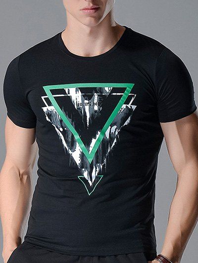 

Personality Inverted Triangle Printing Slimming Men's Round Neck Short Sleeves T-Shirt, Black
