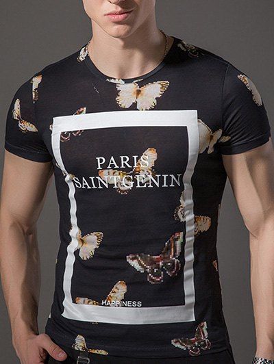 Mode col rond Papillon 3D Impression Minceur Hommes  's manches courtes T-shirt - Noir 2XL
