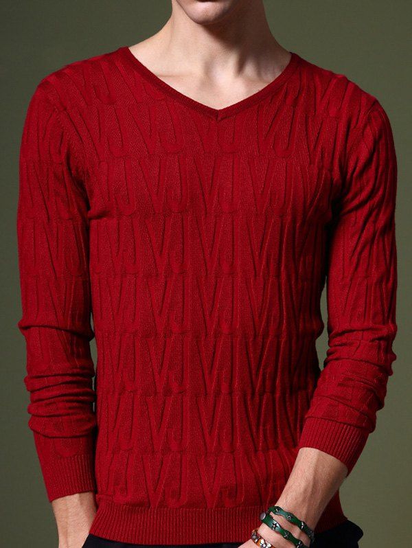 

Refreshing V-Neck Letters Pattern Slimming Men's Long Sleeves Sweater, Red