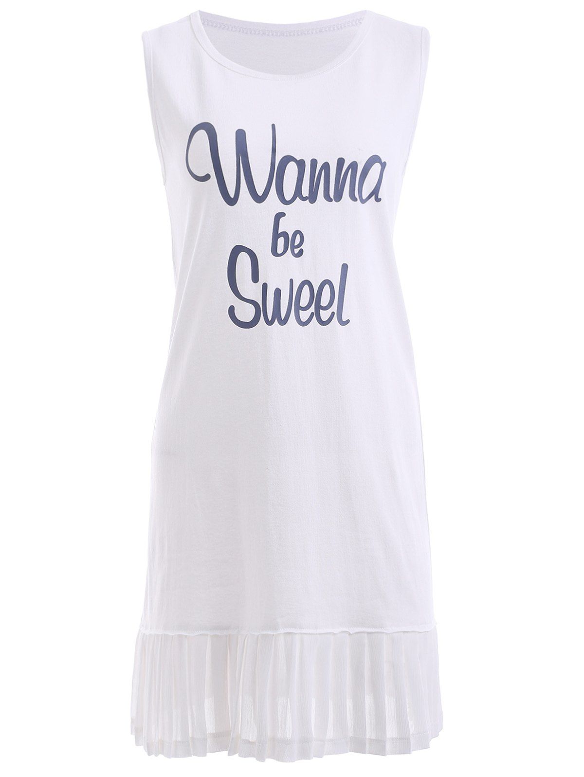 

Casual Sleeveless Pleated Letter Printed T-Shirt Dress For Women, White