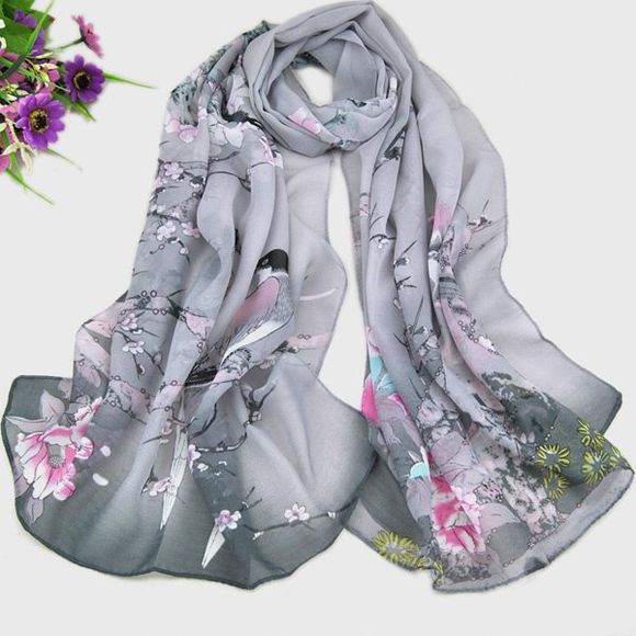 Chic Magpie et motif fleur confortable Women 's  en mousseline de soie Châle Wrap Scarf - Gris 