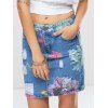 Stylish Women's Floral Print Frayed Denim Skirt - Bleu M