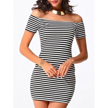 2018 Trendy Women's Off The Shoulder Striped Short Sleeve Dress STRIPE ...