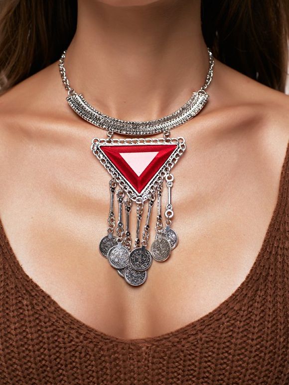 Un costume de collier et boucles d'oreilles Déclaration Faux Gem Triangle Coin Tassel - Rouge Foncé 
